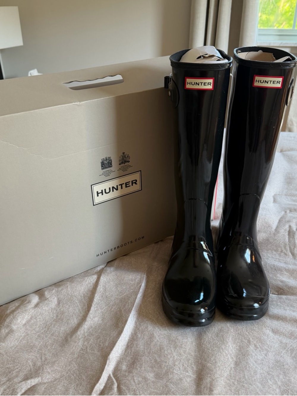 Hunter Glossy Black Knee-High Rain Boots with Red Logo